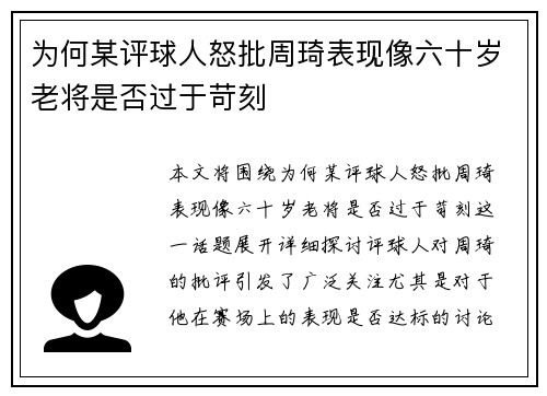 为何某评球人怒批周琦表现像六十岁老将是否过于苛刻