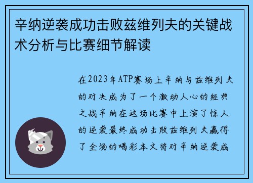 辛纳逆袭成功击败兹维列夫的关键战术分析与比赛细节解读