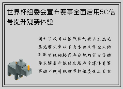世界杯组委会宣布赛事全面启用5G信号提升观赛体验