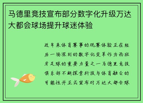 马德里竞技宣布部分数字化升级万达大都会球场提升球迷体验