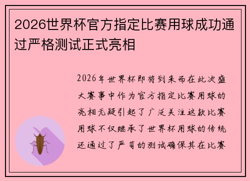 2026世界杯官方指定比赛用球成功通过严格测试正式亮相